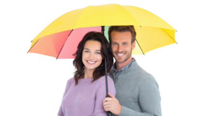 Happy couple sharing a colorful umbrella, smiling together, joy and warmth on a rainy day.
