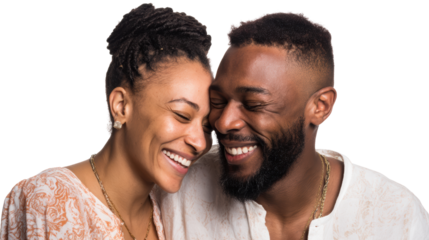 Happy couple sharing a joyful moment, smiling at each other against a white isolate background.
