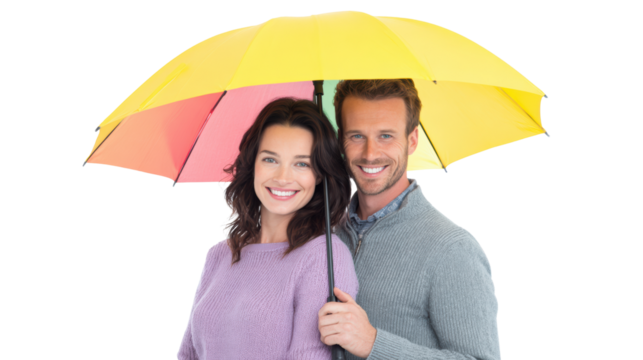 Happy couple sharing a colorful umbrella, smiling together, joy and warmth on a rainy day. - Powered by Adobe