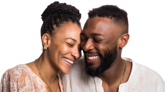 Happy couple sharing a joyful moment, smiling at each other against a white isolate background.
