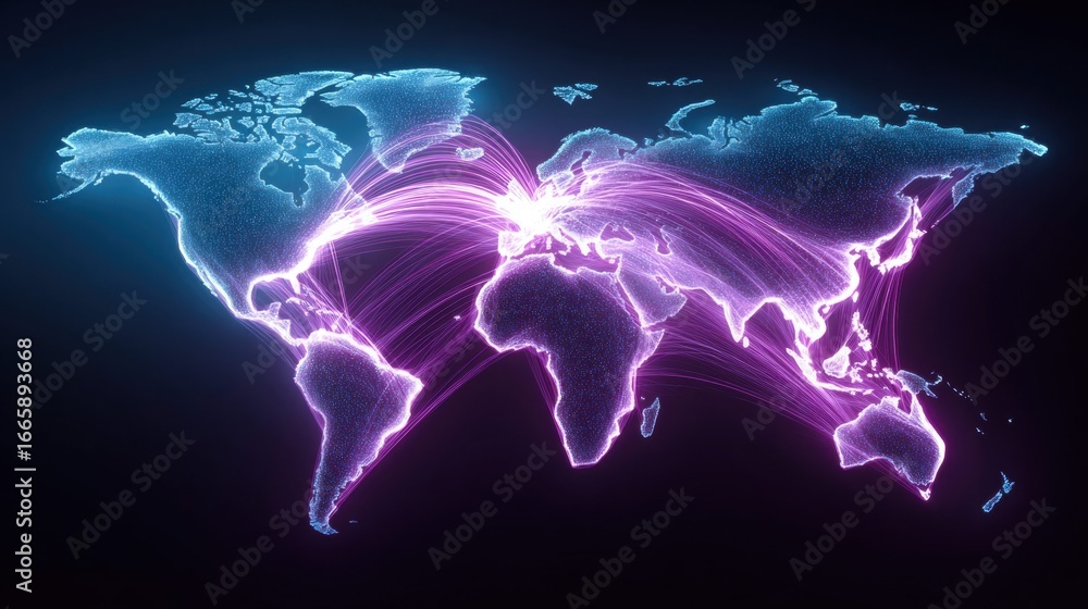 Poster glowing world map with connecting lines represents global network and communication.