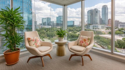 Interior room with modern armchairs, floral pillows, potted plants and urban skyline view