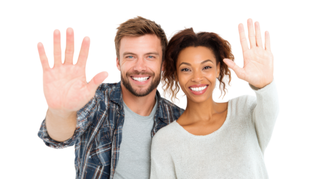 Happy couple smiling and waving hello, isolated on a white background.
