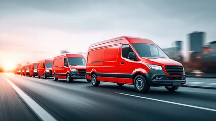 Red delivery vans in motion on a highway, representing fast and efficient transportation.