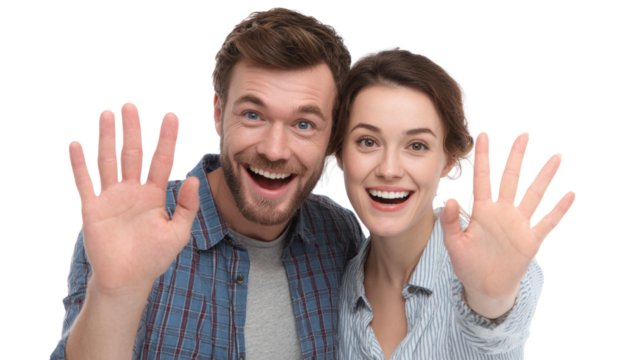 Happy couple waving and smiling with joy, friendly interaction, cheerful expressions, perfect for greeting themes.