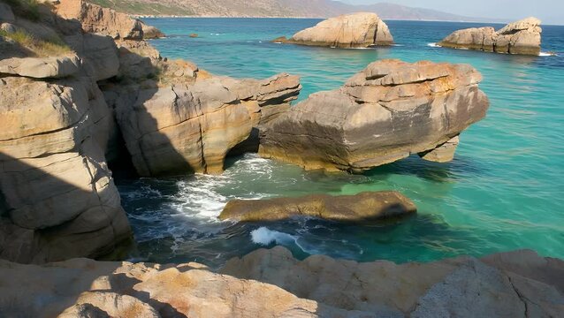 stunning ultra hd 4k low angle view of the natural stone ships landmark near sinemorets bulgaria where dramatic rocky formations meet the calm clear blue sea under a bright sunny sky highlighting