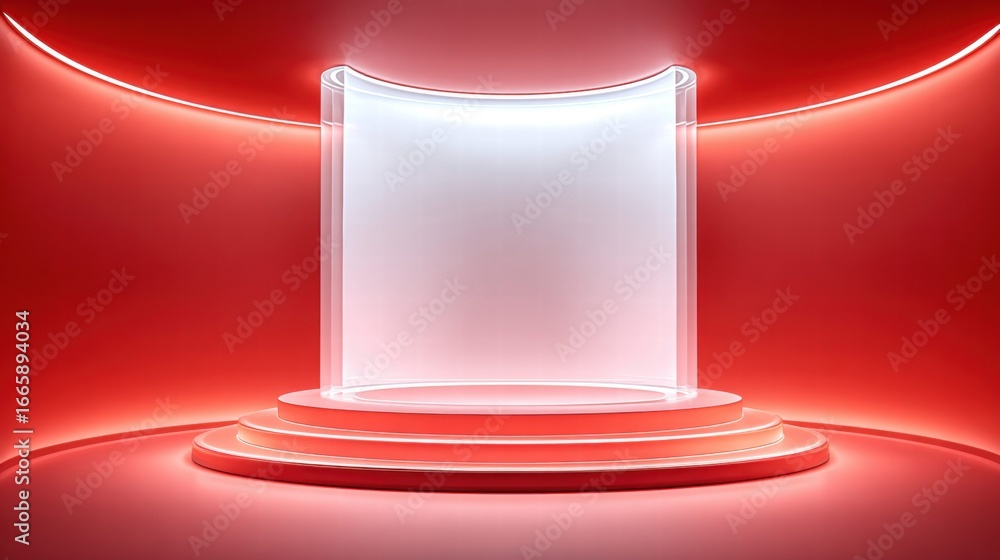 Poster the red futuristic studio backdrop features a glowing platform and display, perfect for presentation