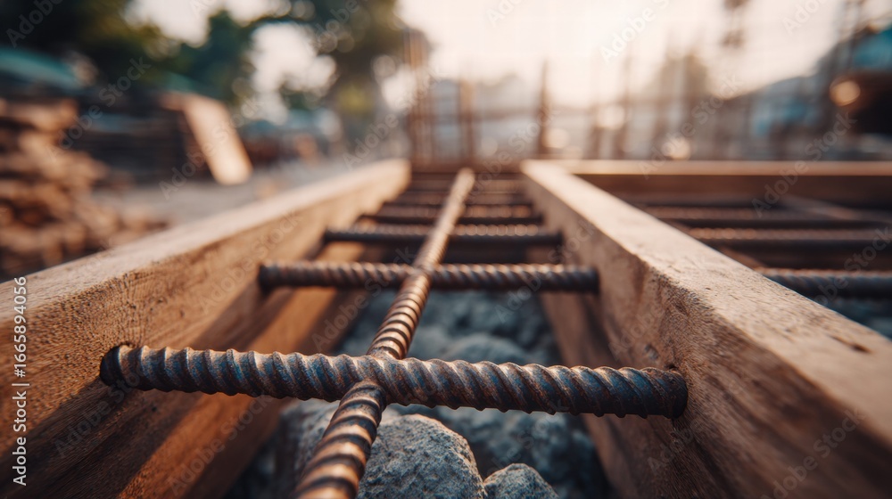 Poster close-up of rebar and wood framework, showing the construction process in progress.