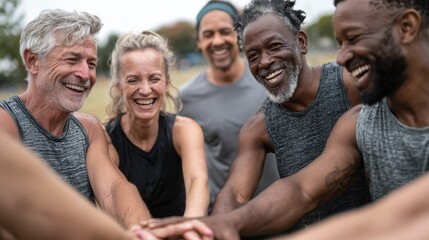 laughing mature and multiethnic sports people at park happy group of men and women smiling and stacking hands outdoor after fitness training mature sweaty team cheering after intense training no logo