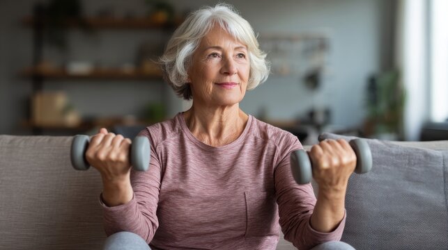 senior woman lifting weights and working out at home mature woman sitting on couch doing hand stretching exercise using light weight dumbbells beautiful old lady exercising at home to stay fit no log