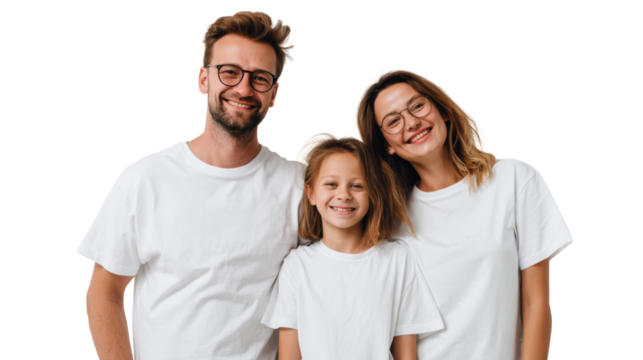 Happy family posing together, smiling, wearing white t-shirts, isolated on white background.