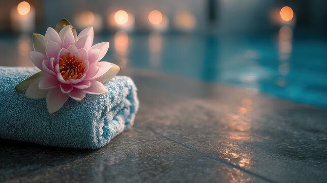 beautiful lotus flower on towels at the edge of a pool at spa beauty club no logos no brands ar 169