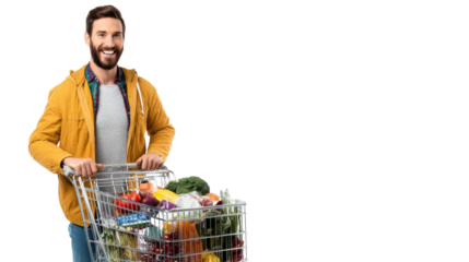 Happy man shopping with groceries in a cart, smiling on a white isolated background.