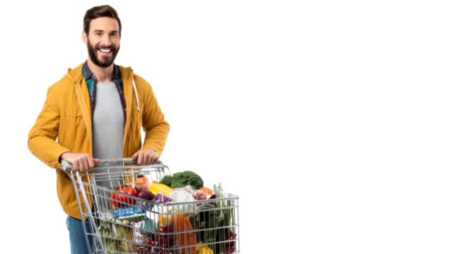 Happy man shopping with groceries in a cart, smiling on a white isolated background.