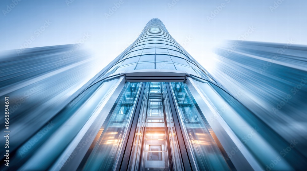 Poster looking up at a sleek skyscraper with glass elevator and modern architecture.