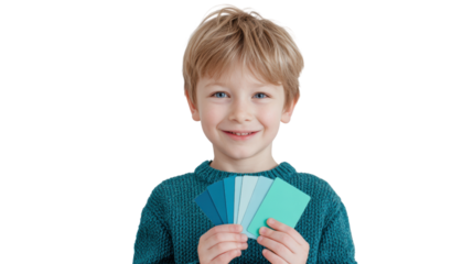 Joyful child holding colorful cards, smiling, isolated on white background.