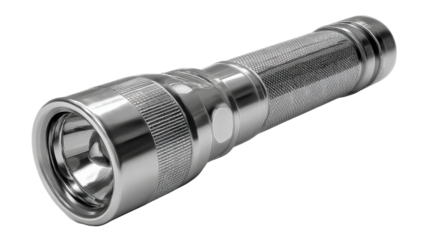 High-quality silver flashlight with a sleek design on a white isolated background.