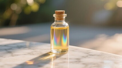 Obraz premium A small glass bottle with a cork stopper filled with golden liquid, placed on a marble surface in natural light.