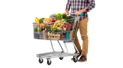 Man holding grocery cart filled with fresh fruits and vegetables, isolated on white background.
