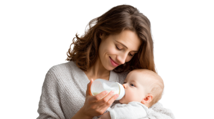 Mother lovingly feeding her baby with a bottle, white isolate background.