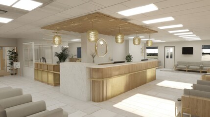 Interior view of a modern reception area. The space features a reception desk, seating, and lighting