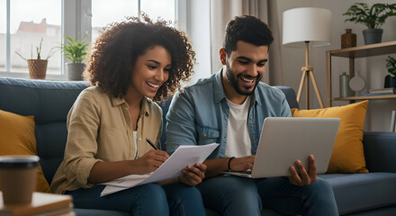 A happy couple, a woman with curly brown hair and a man with dark hair, dressed casually in shirts and jeans, reviewing documents and using a laptop together on a dark blue sofa in a cozy living room.