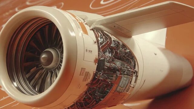 Close-up of Airplane Turbine Engine with Technical Drawings in Background