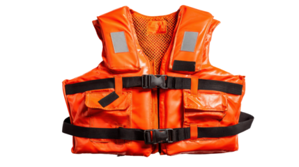 Orange life jacket, essential safety gear for boating and water activities, isolated on white background.