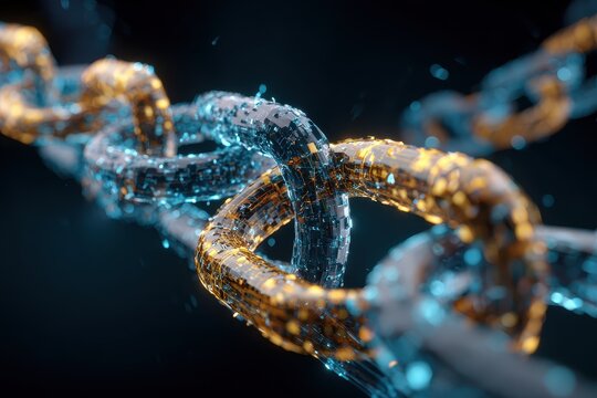 Blockchain network concept illustrating interconnected links with a digital technology background highlighting innovation and security
