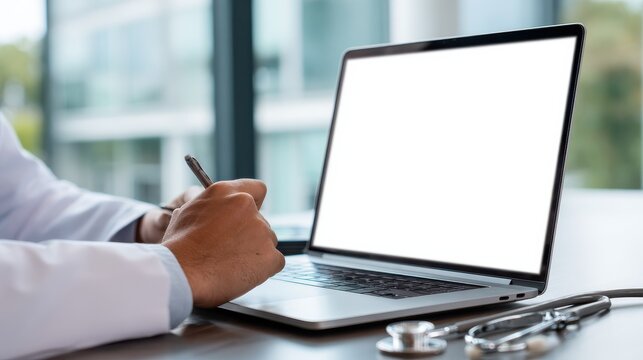 male doctor using laptop computer with white mockup screen technology tele medicine healthcare e website ad watching e learning medical online telehealth webinar writing report over shoulder view no 