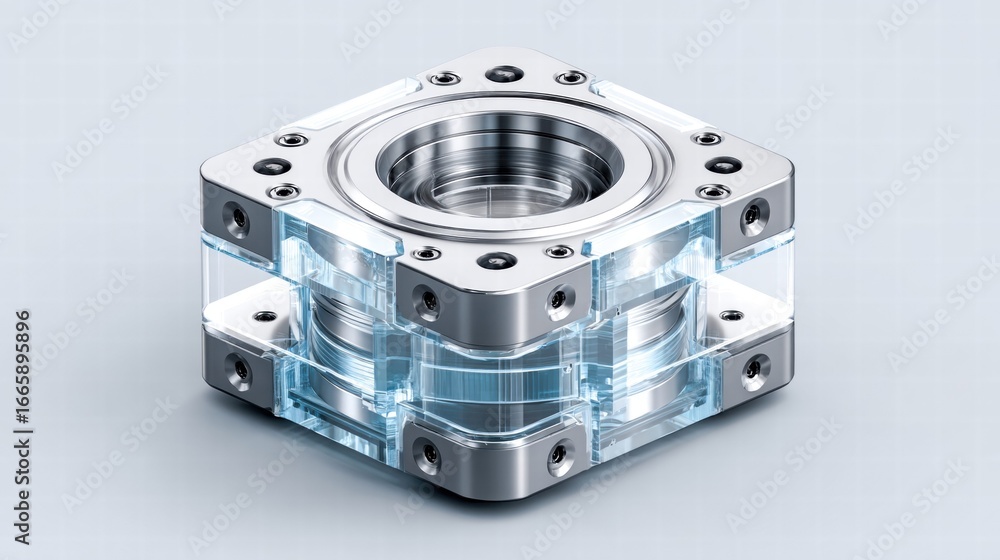 Poster a detailed view of a precision mechanical component, highlighting its complex design and intricate a