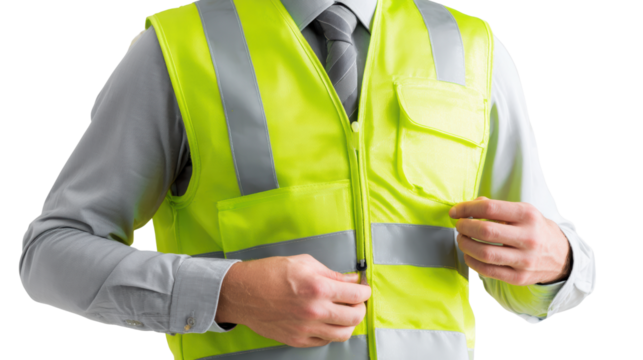 Person adjusting reflective safety vest for work in bright yellow color, focus on professionalism and safety.