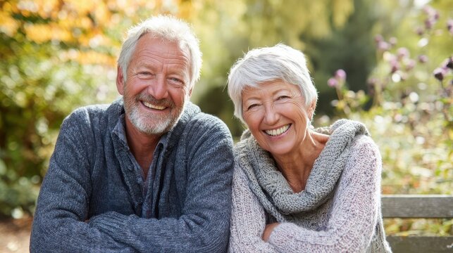 happy old couple smiling in a park on a sunny day no logos no brands ar 169 - Powered by Adobe