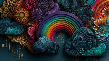 Vector banner for Pride Month. Vector collage with rainbow, clouds and doodles. Collage with cut out paper elements for decoration of LGBT events, covers, ads, cards.