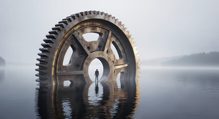 Man standing inside giant rusty gear submerged in water