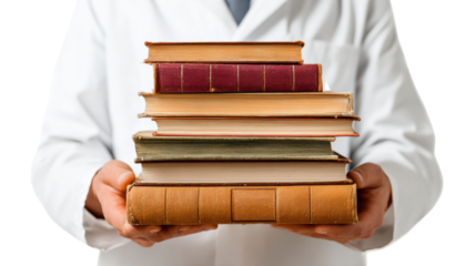 Person holding a stack of old books, wearing a white lab coat, isolated on white background.