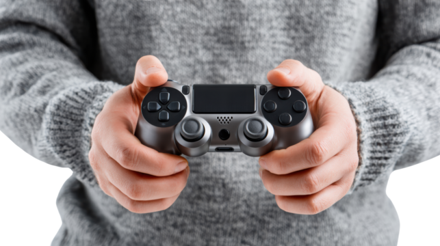 Person holding a gaming controller, focused on gaming experience, white isolated background.