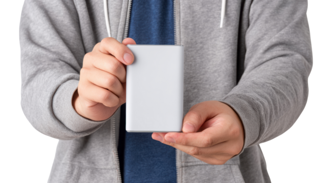 Person holding a portable power bank, white isolated background