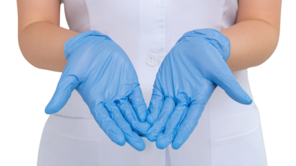 Person wearing blue gloves displaying open hands on white background.