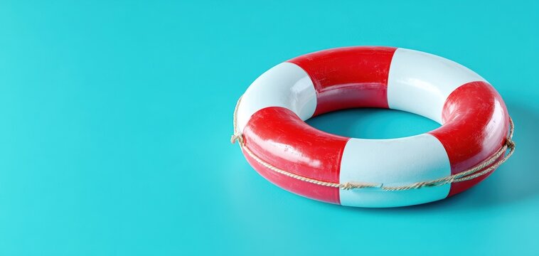 The lifebuoy on a bright turquoise background evoking safety rescue summer concept