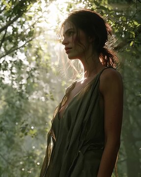 Young adult woman with medium skin and dark wavy hair stands with a thoughtful expression in a sun-dappled forest, wearing a flowing green dress