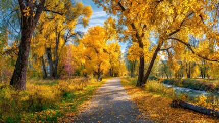 Obraz premium Vibrant Autumn Landscape Along a Serene Pathway With Golden Trees and a Calm Stream Under a Clear Blue Sky
