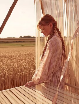 Young adult with fair skin and long braided blonde hair works on a loom in a golden wheat field at sunset