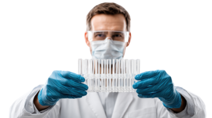 Scientist in lab coat holding test tubes, wearing protective gloves and mask, isolated on white background.