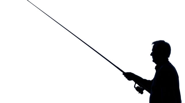 Silhouette of a person fishing with a rod against a dark background. - Powered by Adobe