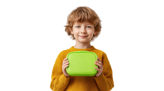 Smiling child holding a green lunchbox, wearing a cozy sweater, isolated on a white background.