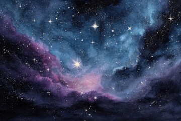 Fototapeta premium Vibrant galactic watercolor nebula displaying shades of purple and blue, highlighting the beauty of the cosmos in a stellar formation full of stars