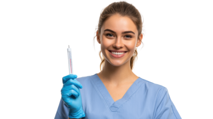 Smiling healthcare professional holding syringes in a medical setting, wearing blue scrubs and gloves.