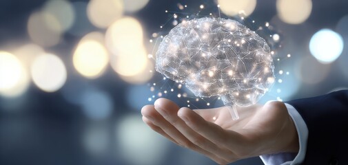 The brain hologram floating above an open hand representing artificial intelligence and digital innovation