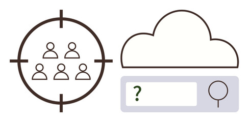 Group of individuals inside a targeting scope next to cloud with search bar and magnifying glass. Ideal for marketing, audience targeting, data management, cloud services, online search, strategy